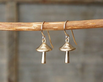 Gold Mushroom Earrings // Realistic 3D Mushrooms on Hypoallergenic 14k Gold Filled Earwires • Golden Toadstool Earrings