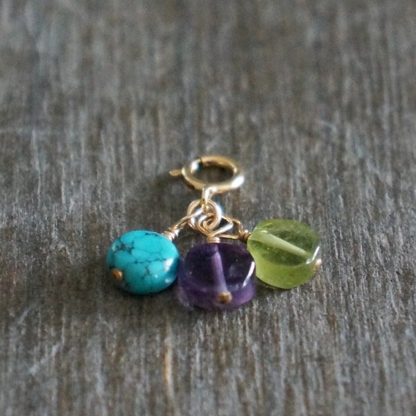 Three Gemstones with Clasp // Clip-On Gem Charm • 3 Genuine Coin Shaped Gemstones on a 14k Gold Filled Clasp