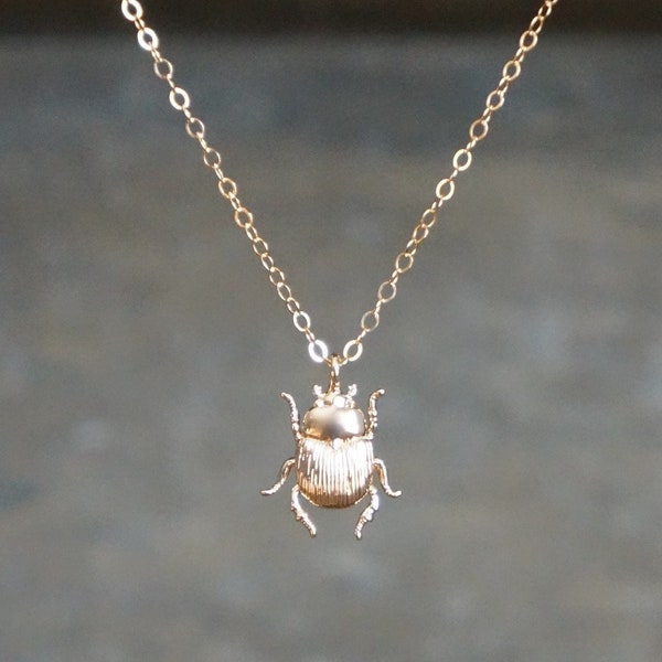 Scarab Necklace // Gold Dung Beetle Pendant on a 14k Gold Filled Chain • Dainty Bug Jewelry • Golden Beetle Charm Necklace