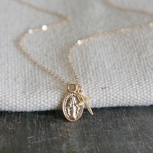 Mini Mother Mary and Cross Necklace // Our Lady Pendant & Tiny Cross on a 14k Gold Filled Chain •  Religious Medallion Protection Necklace