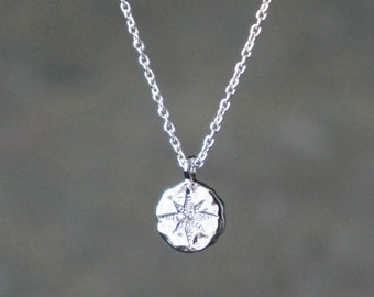 Tiny Starburst Necklace // Silver Compass Rose Disc Necklace • Northern Star Pendant Necklace • Hammered Charm with CZ • Celestial Jewelry