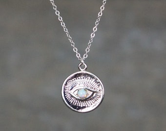 Opal Eye Necklace / Evil Eye Disc Pendant on a Sterling Silver Chain • Protection Jewelry • Good Luck Charm Necklace