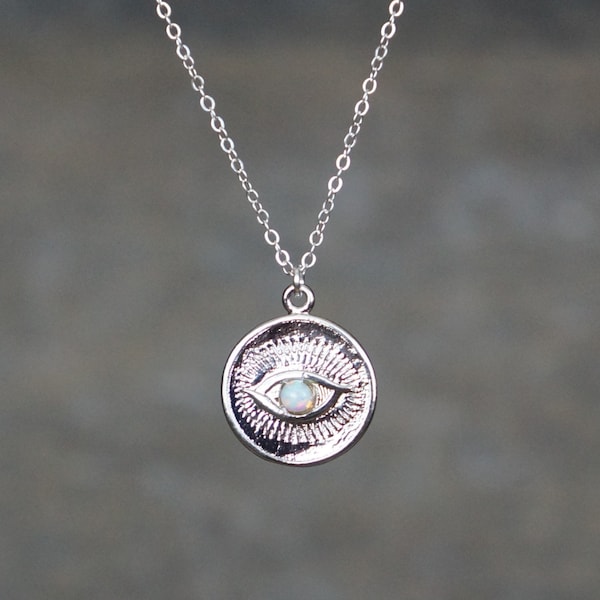 Opal Eye Necklace / Evil Eye Disc Pendant on a Sterling Silver Chain • Protection Jewelry • Good Luck Charm Necklace