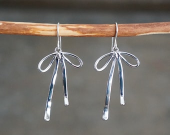 Silver Bow Earrings // Silver Ribbon Bows on Sterling Silver Earwires •  Long Dangle Earrings for Sensitive Skin