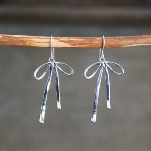 Silver Bow Earrings // Silver Ribbon Bows on Sterling Silver Earwires Long Dangle Earrings for Sensitive Skin image 1