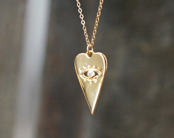 Third Eye Heart Necklace // Gold & Cubic Zirconia Pendant on a 14k Gold Filled Chain • Protection Necklace • Good Luck Charm • Gift for Her