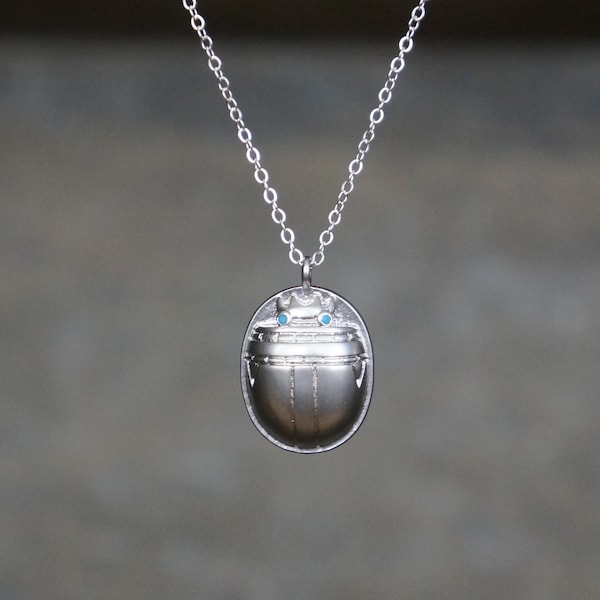 Silver Beetle Necklace // Matte Silver Scarab with Turquoise Eyes on a Sterling Silver Chain • Dainty Amulet Charm Necklace