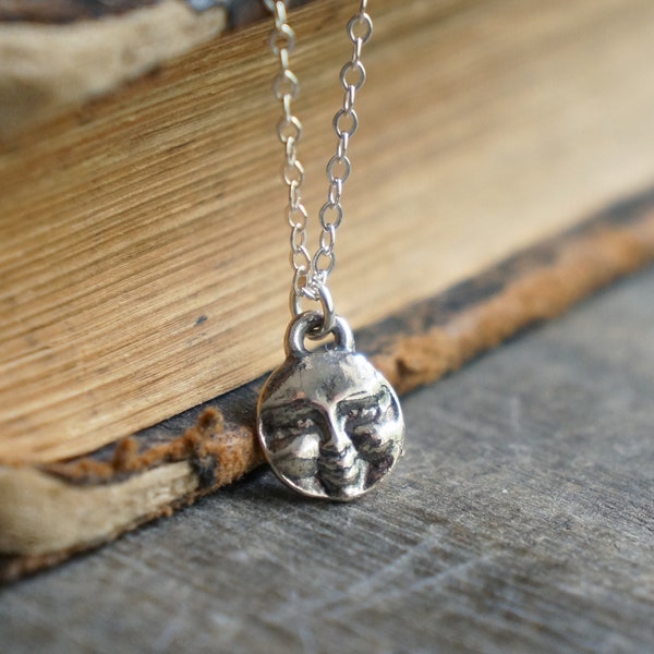 Tiny Man in the Moon Necklace // Silver Smiling Face Full Moon Pendant on a Sterling Silver Chain • Celestial Jewelry • Moon Charm Necklace