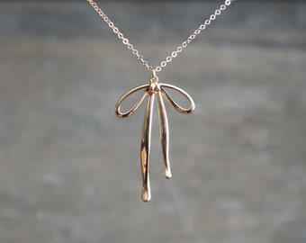 Gold Bow Necklace (Flat Cable Chain Version) • Gold Ribbon Pendant on a 14k Gold Filled Chain • Long Flowing Bow Necklace