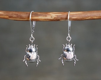 Silver Scarab Leverback Earrings, Realistic 3D Beetles on Hypoallergenic Sterling Silver Lever Backs, Golden Insect Earrings, Bug Jewelry