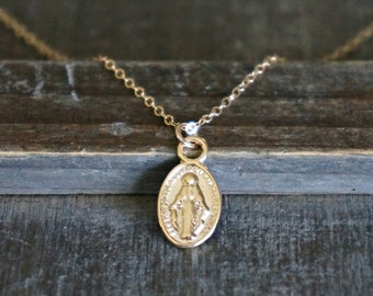 Miraculous Medal Necklace / Tiny Double Sided Mary & Marian Cross Pendant on 14k Gold Filled Chain • Religious Jewelry • Delicate Meaningful