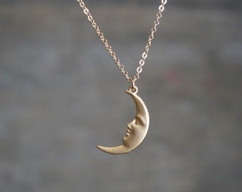 Matte Moon Face Necklace // Gold Crescent Moon on a 14k Gold Filled Chain • Celestial Jewelry • Simple Dainty Moon Charm Necklace