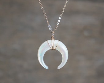 Mother of Pearl Double Horn Necklace // Carved White Shell Crescent on a 14k Gold Filled Chain • Shell Pendant Necklace • Lunar Jewelry