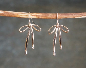 Gold Bow Earrings // Gold Ribbon Bows on 14k Gold Filled Earwires •  Long Dangle Earrings for Sensitive Skin