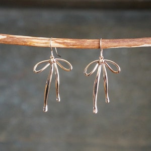 Gold Bow Earrings // Gold Ribbon Bows on 14k Gold Filled Earwires •  Long Dangle Earrings for Sensitive Skin