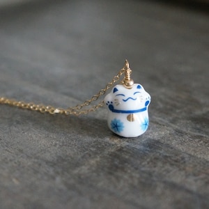 Protection Cat Necklace // Both Paws Up Porcelain Cat Pendant on a 14k Gold Filled Chain • Good Luck Charm Necklace • Lucky Talisman Jewelry