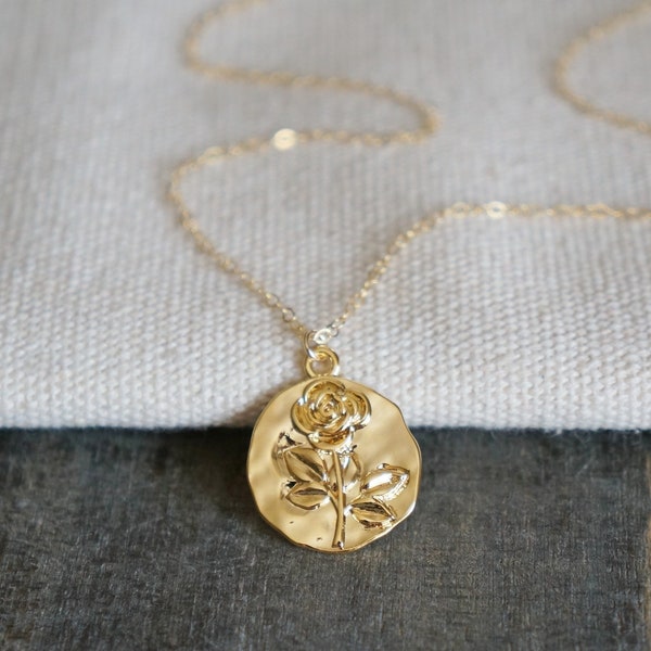 Rose Coin Necklace //  Rose with Stem & Leaves Pendant on a 14k Gold Filled Chain • Gold Flower Design Necklace • Single Rose Charm Necklace