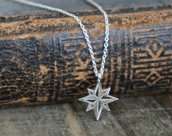 North Star Necklace / Silver Northern Star or Compass Rose Necklace • Dainty Starburst Pendant Charm Necklace • Simple Compass Necklace