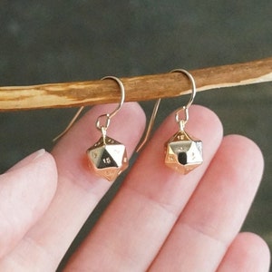 Gold DnD Dice Earrings, Mini 20-sided Dice on 14k Gold Filled Earwires, Icosahedron Dice, Dungeons & Dragons Jewelry, D20 Earrings