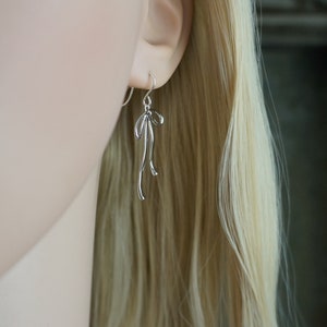 Silver Bow Earrings // Silver Ribbon Bows on Sterling Silver Earwires Long Dangle Earrings for Sensitive Skin image 7