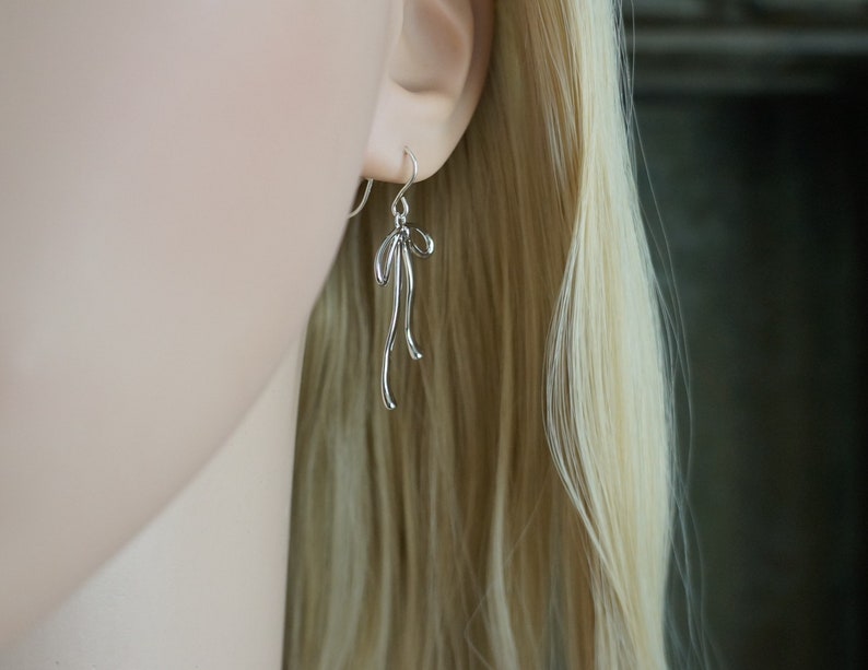 Silver Bow Earrings // Silver Ribbon Bows on Sterling Silver Earwires Long Dangle Earrings for Sensitive Skin image 7