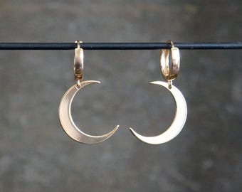 Bold Crescent Huggie Earrings // Crescent Moons on Gold Plated Huggie Hoops, Celestial Jewelry
