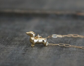 Gold Dachshund Necklace • Gold Dog Pendant on a 14k Gold Filled Paperclip Chain • Long and Low Doxie Dog Charm Necklace