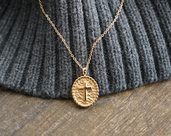 Framed Oval Cross Necklace // Small Cross Pendant on a 14k Gold Filled Chain, Religious Medallion, Protection Necklace