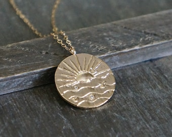 Sun and Waves Necklace // Gold Coin Pendant With Czs on a 14k Gold