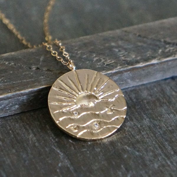 Sun and Waves Necklace // Gold Coin Pendant with CZs on a 14k Gold Filled Chain • Sunrise / Sunset Coin Medallion • Beach Babe Jewelry