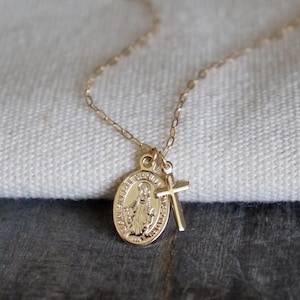 Gold Mother Mary and Cross Necklace // Our Lady Pendant & Cross on a 14k Gold Filled Chain •  Religious Medallion Protection Necklace