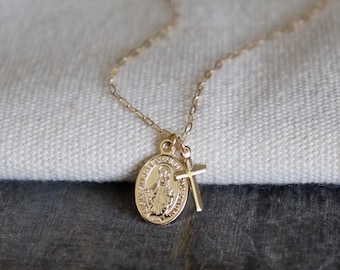 Gold Mother Mary and Cross Necklace // Our Lady Pendant & Cross on a 14k Gold Filled Chain •  Religious Medallion Protection Necklace