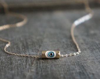 Evil Eye Tube Necklace // Dainty Gold Eye Talisman Pendant on a 14k Gold Filled Chain • Good Luck Charm Necklace, Third Eye Necklace