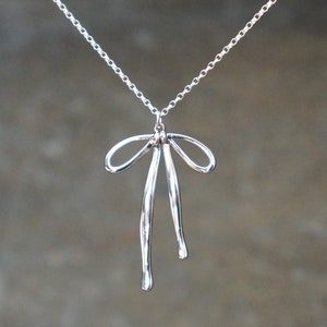 Silver Bow Necklace (Rolo Chain Version) • Silver Ribbon Pendant on a Sterling Silver Chain • Long Flowing Bow Necklace