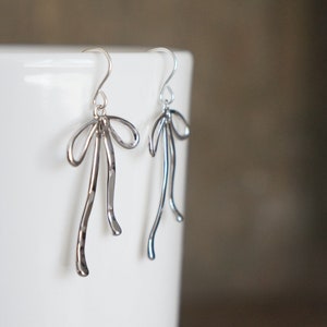 Silver Bow Earrings // Silver Ribbon Bows on Sterling Silver Earwires Long Dangle Earrings for Sensitive Skin image 6