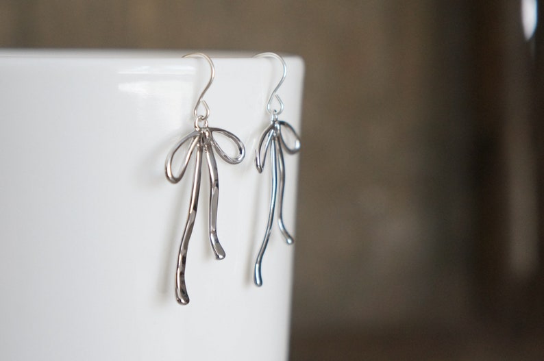 Silver Bow Earrings // Silver Ribbon Bows on Sterling Silver Earwires Long Dangle Earrings for Sensitive Skin image 6