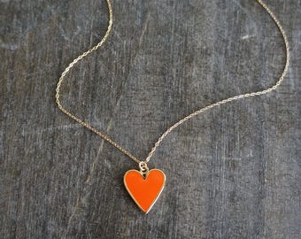 Orange Heart Necklace // Orange Enamel Heart Pendant on a 14k Gold Filled Chain • Orange Love Heart Charm Necklace