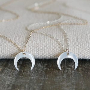 Mother of Pearl Reversed Crescent Necklace // Upside Down Crescent Moon Necklace, Gold or Silver Double Horn Necklace, Goddess Jewelry