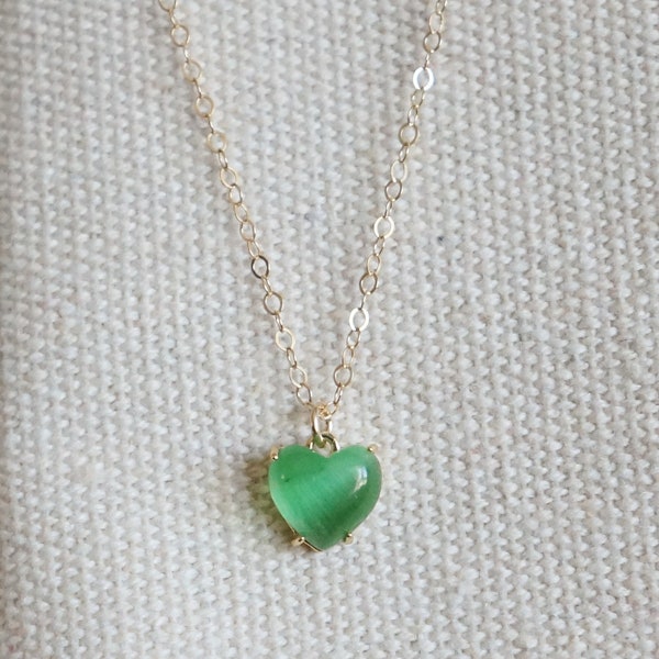 Green Heart Necklace // Cat's Eye Glass Heart in Bright Green on a 14k Gold Filled Chain • Green Love Heart Necklace • Layering Necklace