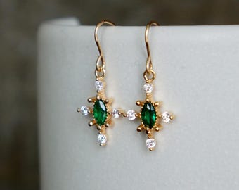 Cross Earrings // Green and White Crystal Crosses on 14k Gold Filled Earwires, Hypoallergenic Gold Dangle Earrings, Religious Accessory