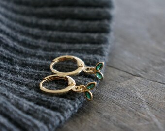 Extra Dainty Leaf Huggies // Green Glass Leaves on Gold Plated Huggie Hoops, Nature Jewelry