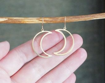 Crescent Outline Earrings // Celestial Moon Dangles on Hypoallergenic 14k Gold Filled Earwires • Simple Moon Earrings • Mystical Jewelry