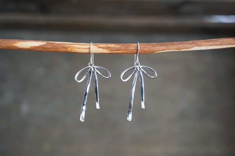 Silver Bow Earrings // Silver Ribbon Bows on Sterling Silver Earwires Long Dangle Earrings for Sensitive Skin image 1