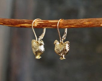 Leverback Chicken Earrings // Fluffy Hens on Hypoallergenic 14k Gold Filled Lever backs, Fun Costume Jewelry, Gift for Her