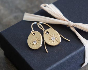 North Star Earrings // Gold Oval Starburst Dangles on 14k Gold Filled Earwires, Hypoallergenic Jewelry for Sensitive Skin