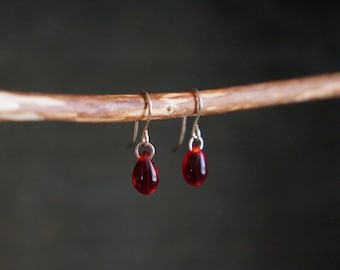 Red Drop Earrings // Red Czech Glass Teardrops on 14k Gold Filled Earwires, Dainty Lightweight Earrings, Vampire Cosplay Jewelry
