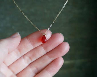 Red Drop Necklace // Red Czech Glass Teardrop Pendant on a 14k Gold Filled Chain, Dainty Layering Necklace, Vampire Cosplay Jewelry