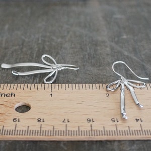 Silver Bow Earrings // Silver Ribbon Bows on Sterling Silver Earwires Long Dangle Earrings for Sensitive Skin image 4