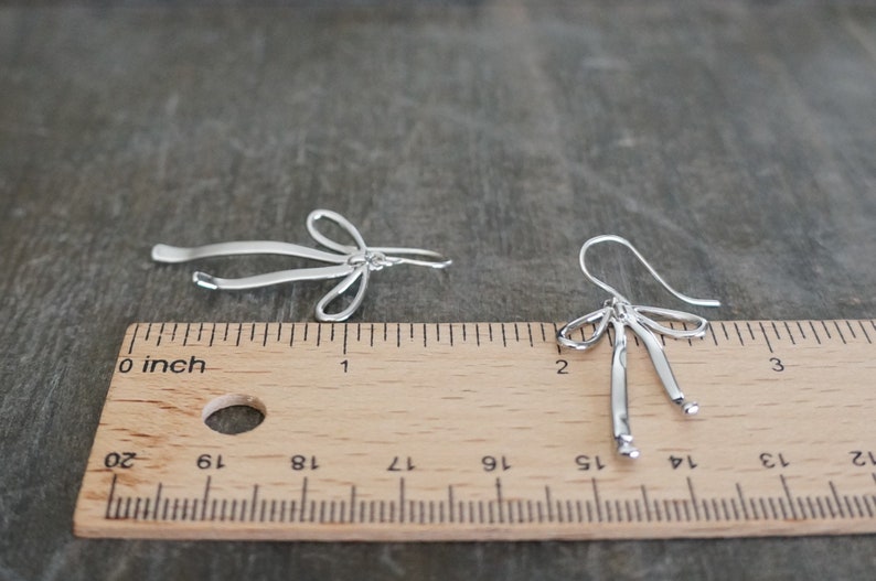 Silver Bow Earrings // Silver Ribbon Bows on Sterling Silver Earwires Long Dangle Earrings for Sensitive Skin image 4