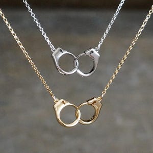 Connected Handcuffs Necklace / Permanently Attached Handcuffs Pendant in Gold or Silver, Partners in Crime Best Friend Jewelry